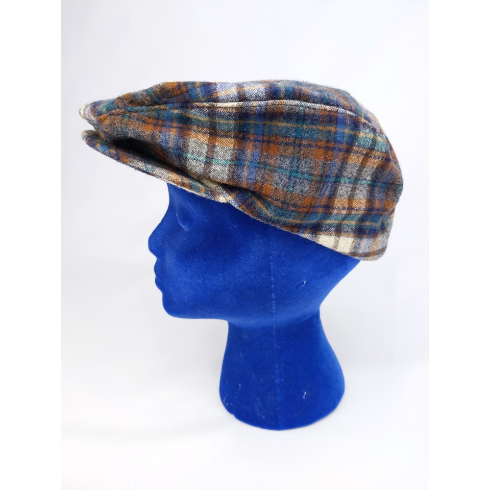 Pendleton Flat Cap Blue Brown Plaid Pure Virgin Wool Driver Hat Made in USA Med